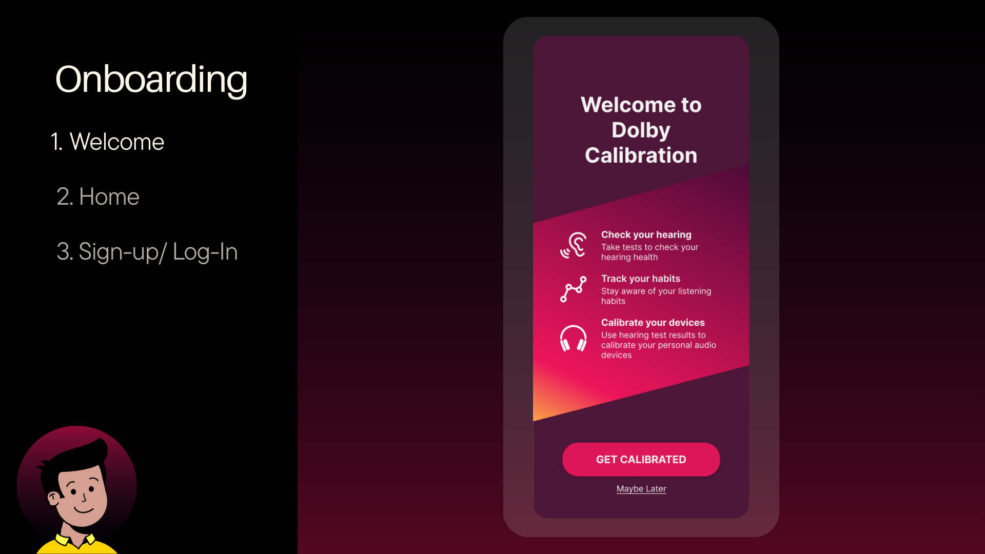 Welcome — Dolby Calibration splash with feature overview