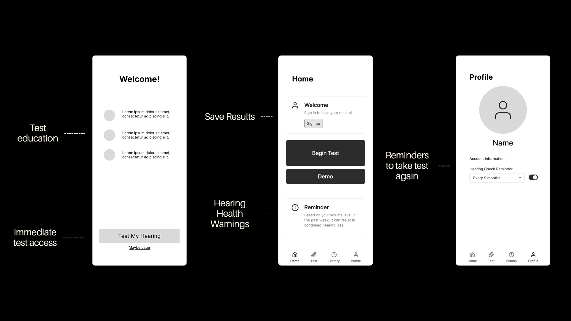 Lo-fi wireframes — Welcome, Home, and Profile screens