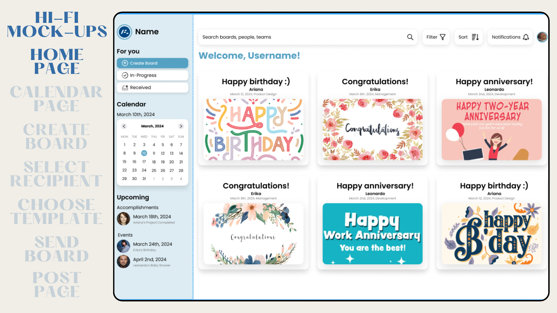 Home Page — boards at a glance with upcoming events