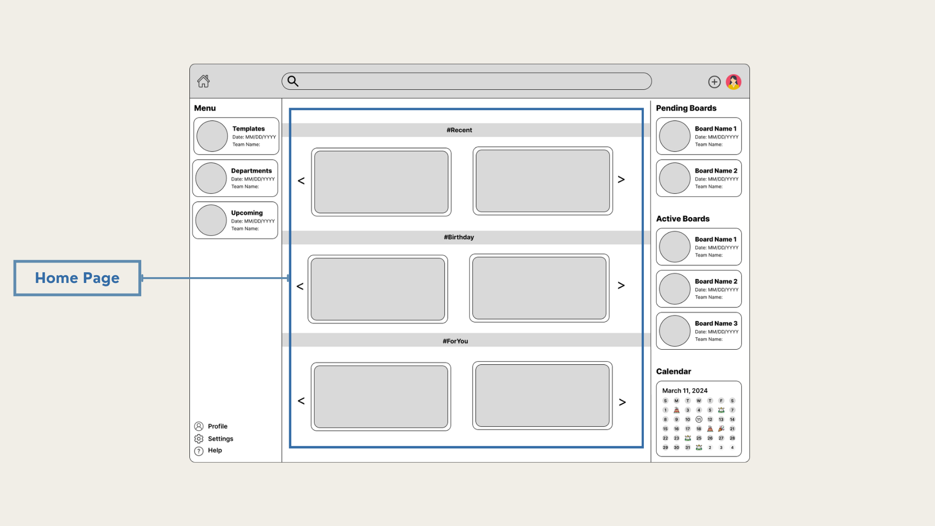 Home Page — #Recent, #Birthday, #ForYou carousels